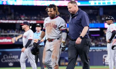 Guardians' José Ramírez leaves with ankle sprain after stumbling over 1B