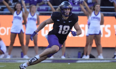 TCU wide receiver Jack Bech (18) runs during the first half of an NCAA college football game ag ...