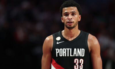 PORTLAND, OREGON - OCTOBER 22: Toumani Camara #33 of the Portland Trail Blazers looks on against the Minnesota Timberwolves at Moda Center on October 22, 2025 in Portland, Oregon. NOTE TO USER: User expressly acknowledges and agrees that, by downloading and or using this photograph, User is consenting to the terms and conditions of the Getty Images License Agreement. (Photo by Steph Chambers/Getty Images)