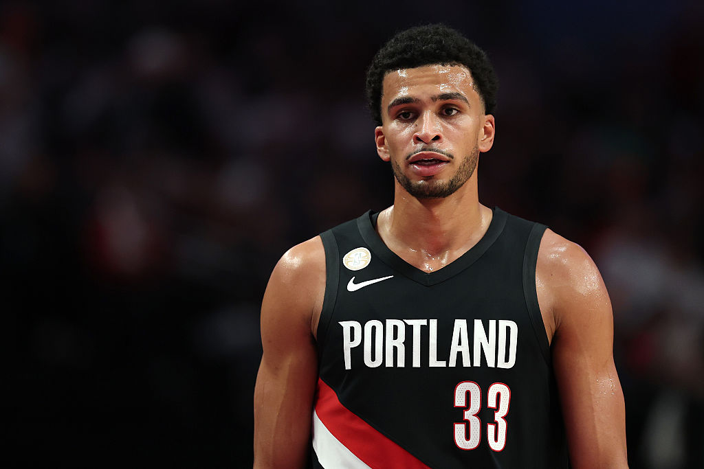 PORTLAND, OREGON - OCTOBER 22: Toumani Camara #33 of the Portland Trail Blazers looks on against the Minnesota Timberwolves at Moda Center on October 22, 2025 in Portland, Oregon. NOTE TO USER: User expressly acknowledges and agrees that, by downloading and or using this photograph, User is consenting to the terms and conditions of the Getty Images License Agreement. (Photo by Steph Chambers/Getty Images)