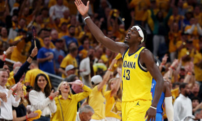 INDIANAPOLIS, INDIANA - JUNE 13: Pascal Siakam #43 of the Indiana Pacers reacts during the third quarter against the Oklahoma City Thunder in Game Four of the 2025 NBA Finals at Gainbridge Fieldhouse on June 13, 2025 in Indianapolis, Indiana. NOTE TO USER: User expressly acknowledges and agrees that, by downloading and or using this photograph, User is consenting to the terms and conditions of the Getty Images License Agreement. (Photo by Maddie Meyer/Getty Images)