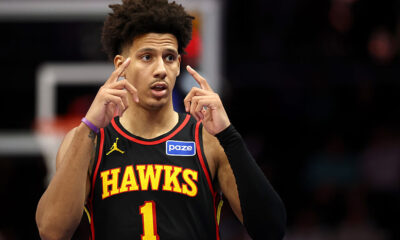 CHARLOTTE, NORTH CAROLINA - DECEMBER 18: Jalen Johnson #1 of the Atlanta Hawks reacts during the fourth quarter of the game against the Charlotte Hornets at Spectrum Center on December 18, 2025 in Charlotte, North Carolina. NOTE TO USER: User expressly acknowledges and agrees that, by downloading and or using this photograph, User is consenting to the terms and conditions of the Getty Images License Agreement. (Photo by Jared C. Tilton/Getty Images)