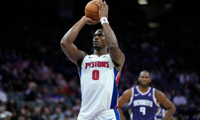 SACRAMENTO, CALIFORNIA - DECEMBER 23: Jalen Duren #0 of the Detroit Pistons stands at the line to shoot a technical foul shot against the Sacramento Kings in the second half of an NBA basketball game at Golden 1 Center on December 23, 2025 in Sacramento, California. NOTE TO USER: User expressly acknowledges and agrees that, by downloading and or using this photograph, User is consenting to the terms and conditions of the Getty Images License Agreement. (Photo by Thearon W. Henderson/Getty Images)