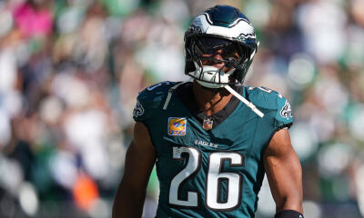 PHILADELPHIA, PENNSYLVANIA - OCTOBER 5: Saquon Barkley #26 of the Philadelphia Eagles reacts after scoring a touchdown against the Denver Broncos at Lincoln Financial Field on October 5, 2025 in Philadelphia, United States.
