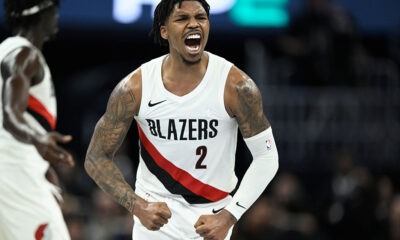 SAN FRANCISCO, CALIFORNIA - NOVEMBER 21: Caleb Love #2 of the Portland Trail Blazers celebrates a three point basket in the fourth quarter during an NBA Cup game at Chase Center on November 21, 2025 in San Francisco, California. NOTE TO USER: User expressly acknowledges and agrees that, by downloading and or using this photograph, User is consenting to the terms and conditions of the Getty Images License Agreement. (Photo by Eakin Howard/Getty Images)
