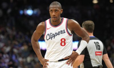 Apr 11, 2025; Sacramento, California, USA; Los Angeles Clippers guard Kris Dunn (8) during halftime against the Sacramento Kings at Golden 1 Center. Mandatory Credit: Darren Yamashita-Imagn Images