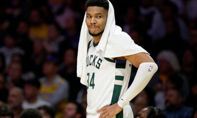LOS ANGELES, CALIFORNIA - JANUARY 09: Giannis Antetokounmpo #34 of the Milwaukee Bucks reacts on the sidelines during the first half against the Los Angeles Lakers at Crypto.com Arena on January 09, 2026 in Los Angeles, California. (Photo by Harry How/Getty Images) NOTE TO USER: User expressly acknowledges and agrees that, by downloading and or using this photograph, User is consenting to the terms and conditions of the Getty Images License Agreement. (Photo by Harry How/Getty Images)