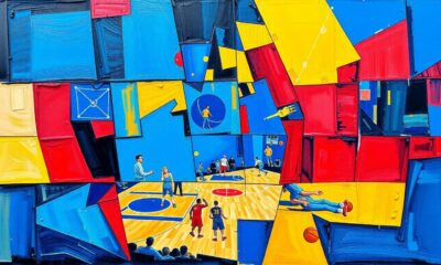 A fragmented, cubist-style painting depicting a basketball game or match, with sharp, overlapping geometric shapes in vibrant colors like blue, red, and yellow, conveying the chaotic and unpredictable nature of late-season NBA action.