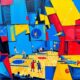 A fragmented, cubist-style painting depicting a basketball game or match, with sharp, overlapping geometric shapes in vibrant colors like blue, red, and yellow, conveying the chaotic and unpredictable nature of late-season NBA action.