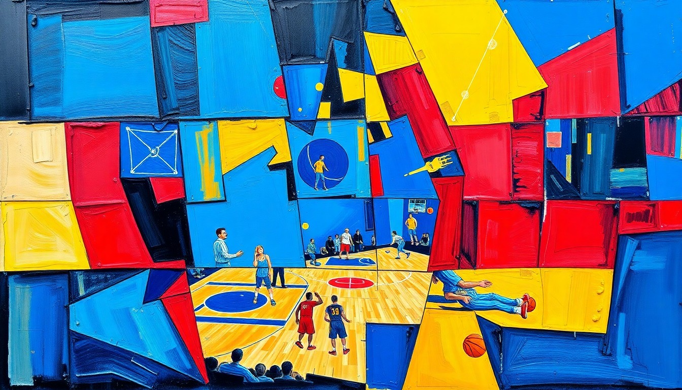 A fragmented, cubist-style painting depicting a basketball game or match, with sharp, overlapping geometric shapes in vibrant colors like blue, red, and yellow, conveying the chaotic and unpredictable nature of late-season NBA action.