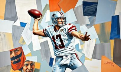 A cubist, geometric painting depicting a football quarterback