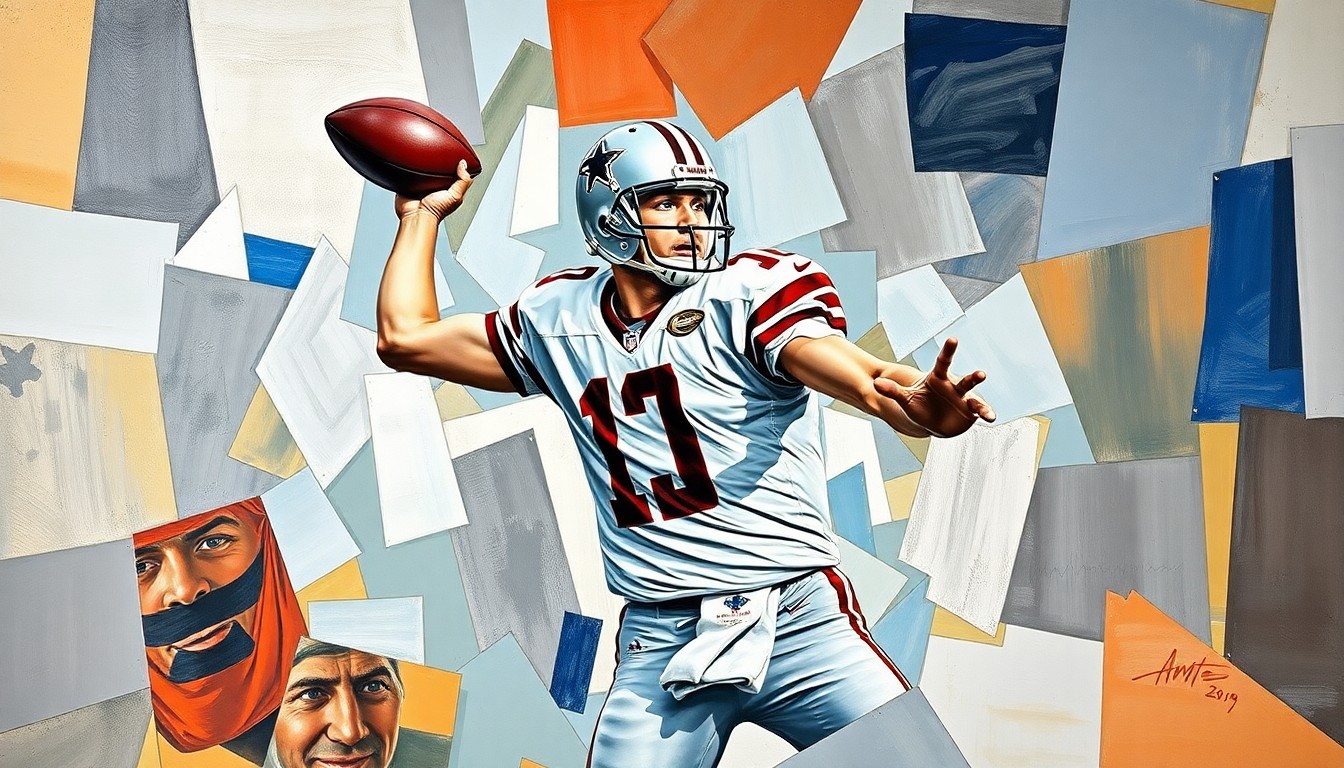 A cubist, geometric painting depicting a football quarterback