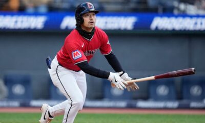 Cleveland Guardians' Steven Kwan watches his home run in the thirtd inning of a baseball game against the Kansas City Royals in Cleveland, Monday, April 6, 2026. (AP Photo/Sue Ogrocki)