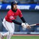 Cleveland Guardians' Steven Kwan watches his home run in the thirtd inning of a baseball game against the Kansas City Royals in Cleveland, Monday, April 6, 2026. (AP Photo/Sue Ogrocki)