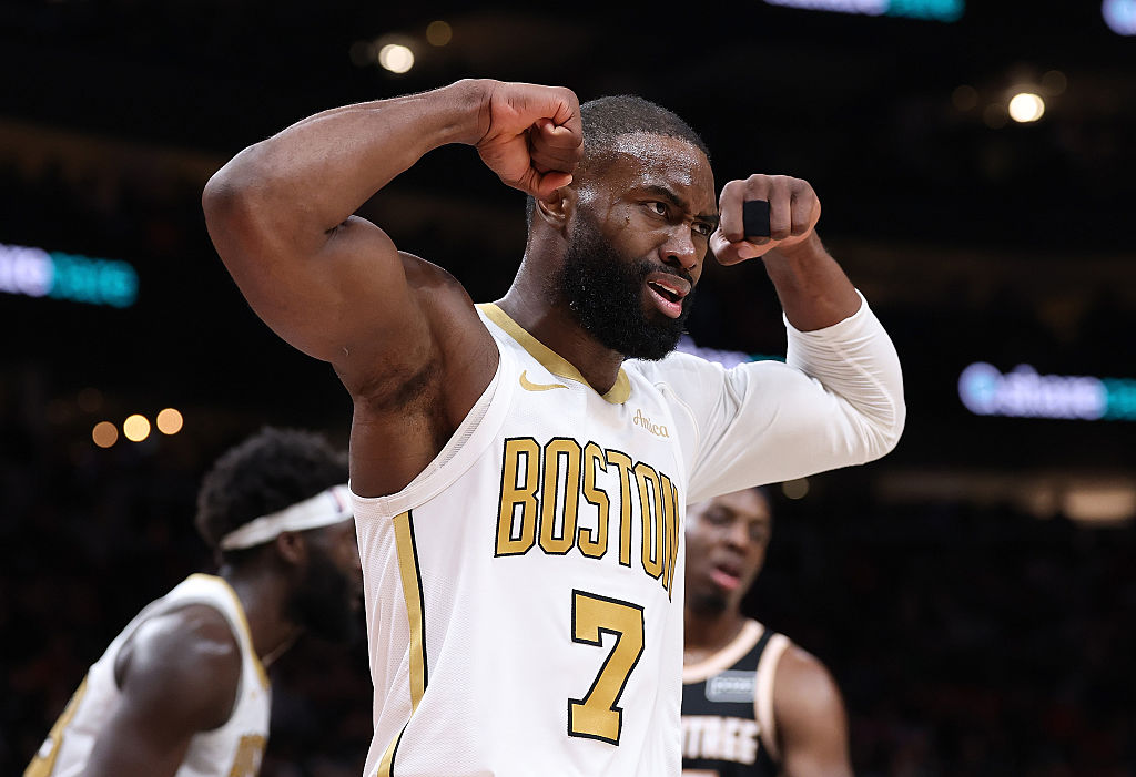 ATLANTA, GEORGIA - JANUARY 17: Jaylen Brown #7 of the Boston Celtics reacts after a basket against the Atlanta Hawks during the second quarter at State Farm Arena on January 17, 2026 in Atlanta, Georgia. NOTE TO USER: User expressly acknowledges and agrees that, by downloading and or using this photograph, User is consenting to the terms and conditions of the Getty Images License Agreement. (Photo by Kevin C. Cox/Getty Images)