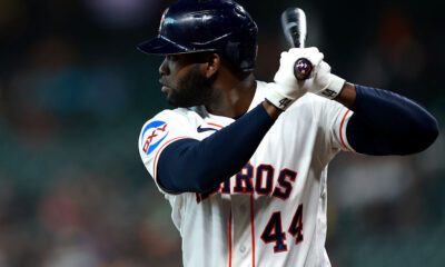 HOUSTON, TEXAS - MAY 13: Yordan Alvarez #44 of the Houston Astros looks on during an at bat in the first inning against the Seattle Mariners at Daikin Park on May 13, 2026 in Houston, Texas. (Photo by Kenneth Richmond/Getty Images)