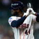 HOUSTON, TEXAS - MAY 13: Yordan Alvarez #44 of the Houston Astros looks on during an at bat in the first inning against the Seattle Mariners at Daikin Park on May 13, 2026 in Houston, Texas. (Photo by Kenneth Richmond/Getty Images)