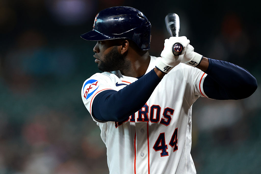 HOUSTON, TEXAS - MAY 13: Yordan Alvarez #44 of the Houston Astros looks on during an at bat in the first inning against the Seattle Mariners at Daikin Park on May 13, 2026 in Houston, Texas. (Photo by Kenneth Richmond/Getty Images)