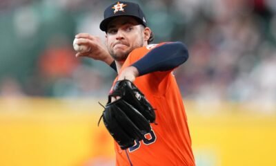 Houston Astros starting pitcher Peter Lambert delivers to Baltimore Orioles' Adley Rutschman during the first inning of a baseball game, Friday, July 17, 2026, in Houston. (AP Photo/Karen Warren)