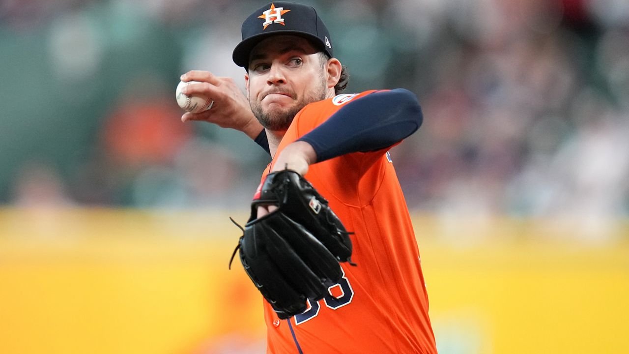 Houston Astros starting pitcher Peter Lambert delivers to Baltimore Orioles' Adley Rutschman during the first inning of a baseball game, Friday, July 17, 2026, in Houston. (AP Photo/Karen Warren)