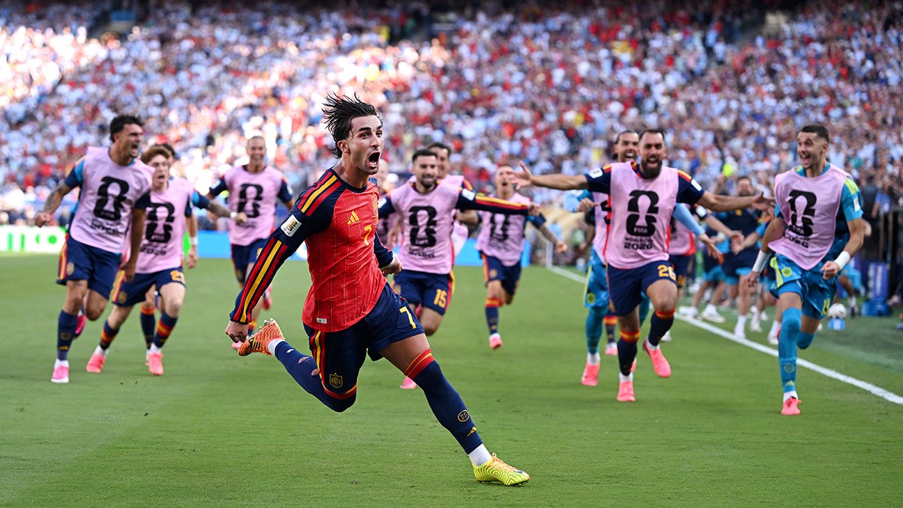 Ferran Torres #7 of Spain celebrates scoring his team's first goal during the FIFA World Cup 2026 Final match between Spain and Argentina at New York New Jersey Stadium on July 19, 2026 in East Rutherford, New Jersey.