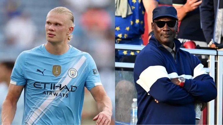 Erling Haaland poses with Michael Jordan after epic World Cup debut