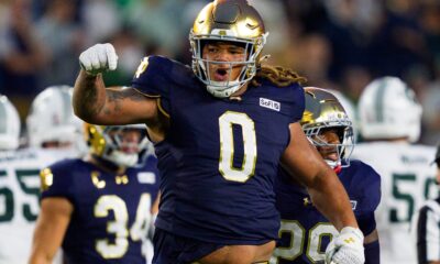 Notre Dame defensive lineman Tionne Gray (0) celebrates after getting a sack during a NCAA football game against Michigan State at Notre Dame Stadium on Saturday, Sept. 19, 2026, in South Bend.