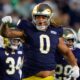Notre Dame defensive lineman Tionne Gray (0) celebrates after getting a sack during a NCAA football game against Michigan State at Notre Dame Stadium on Saturday, Sept. 19, 2026, in South Bend.